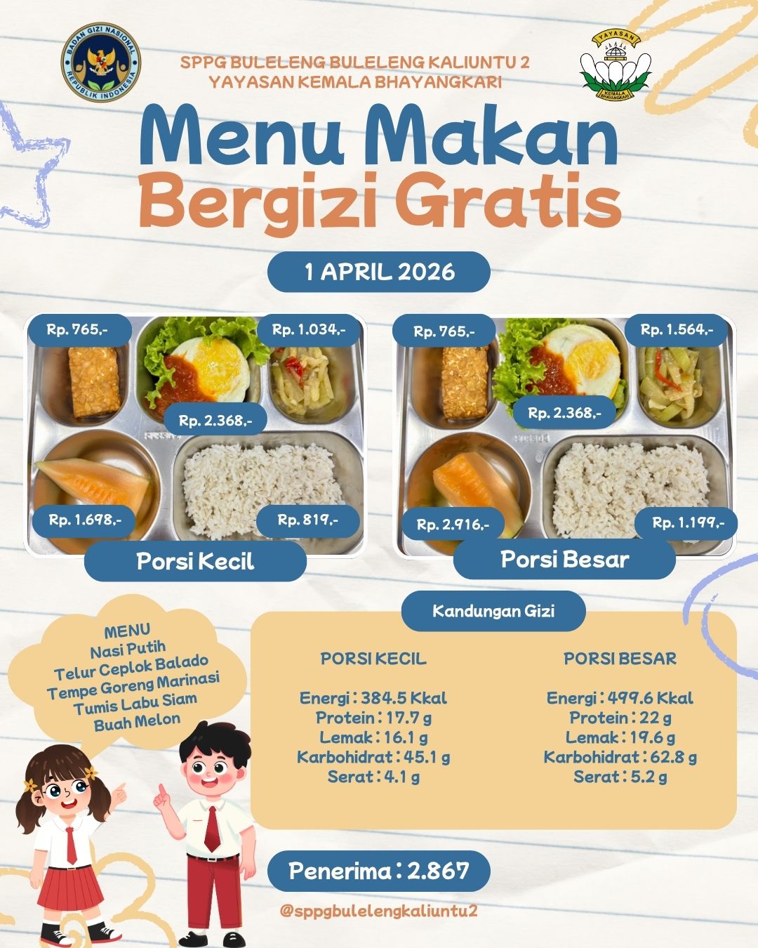 Menu Makanan Bergizi Gratis dari SPPG Buleleng Kaliuntu 2 Yayasan Kemala Bhayangkari Tgl 1 April 2026 