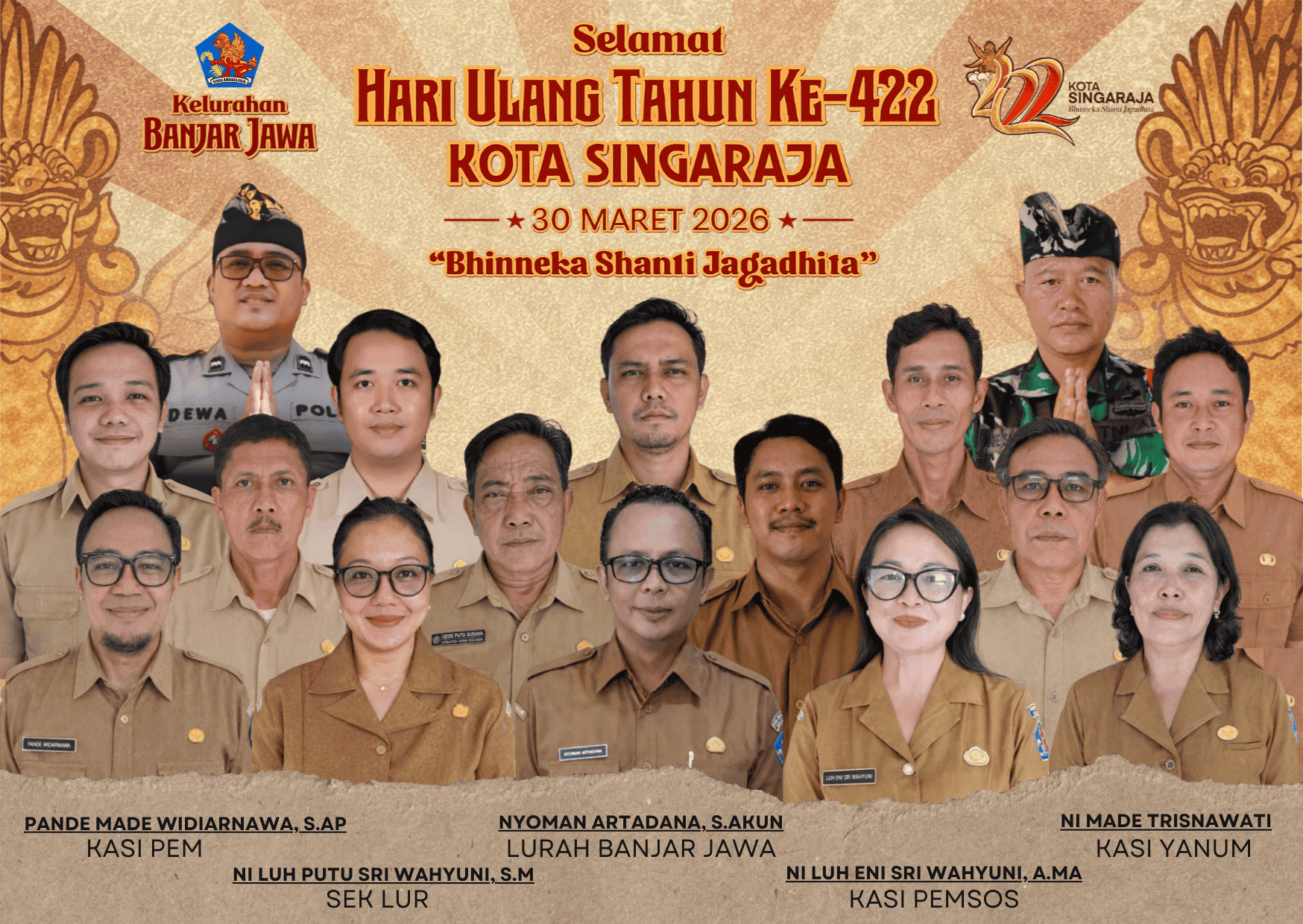 Kelurahan Banjar Jawa Mengucapkan Selamat Ulang Tahun Ke-422 Kota Singaraja Tgl 30 Maret 2026